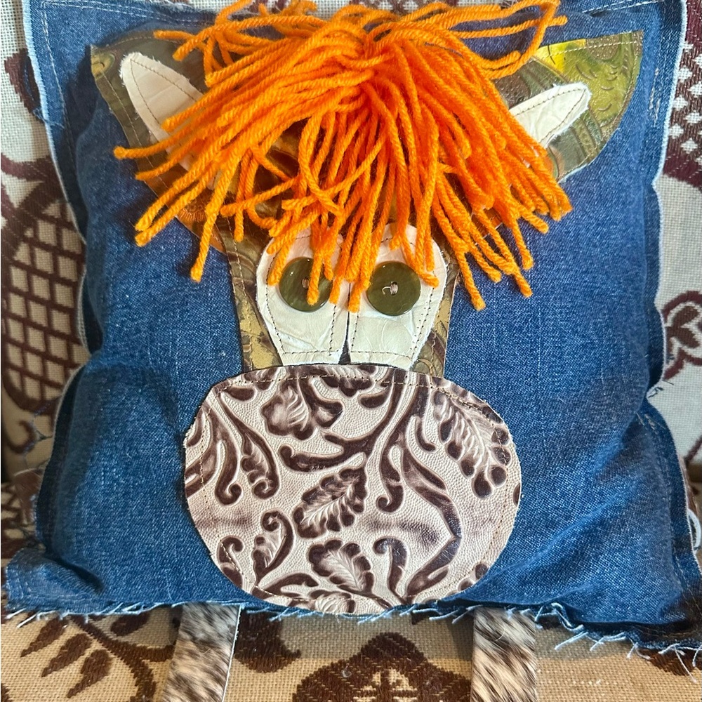 Denim Tooth Fairy Pillow with Orange Yarn Mane